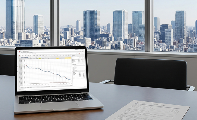 医療費が下がっていくグラフが表示されたPCのイメージ